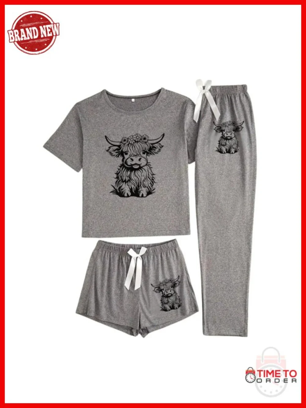 3-Piece Women's Pajama Set: Long Sleeve Top, Full Pants, Shorts, Cow Print